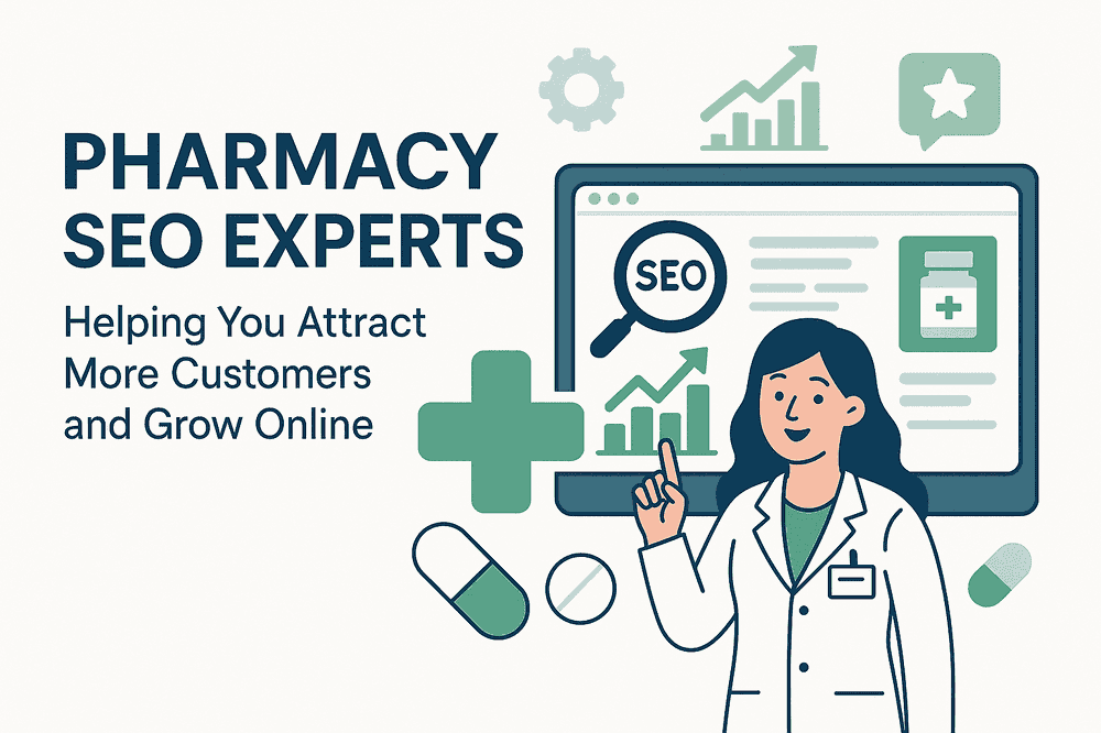 Illustration of a female pharmacist standing next to a large computer screen displaying SEO analytics with graphs, a magnifying glass labeled "SEO", and a medicine icon. Text on the left reads "Pharmacy SEO Experts Helping You Attract More Customers and Grow Online", surrounded by medical icons like pills and a cross symbol.