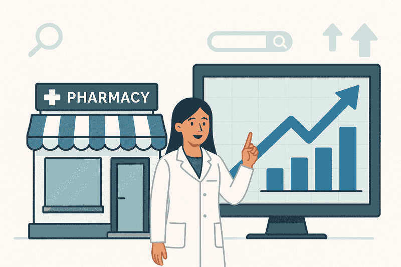 Illustration of a female pharmacist standing between a pharmacy storefront and a digital screen displaying an upward-trending graph, representing business growth through SEO. Additional icons include a search bar, magnifying glass, and upward arrows, symbolizing online visibility and success.